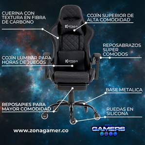Silla Gamer ARMOR-1039F Black con reposapiés y ruedas en silicona