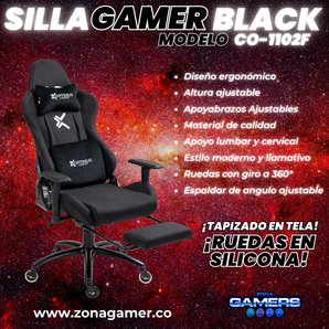 Silla Gamer CO-1102F Black, tapizada en tela con reposapiés y ruedas en silicona